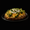 Crop Circle Broccoli loaded potato zoomed in on black background