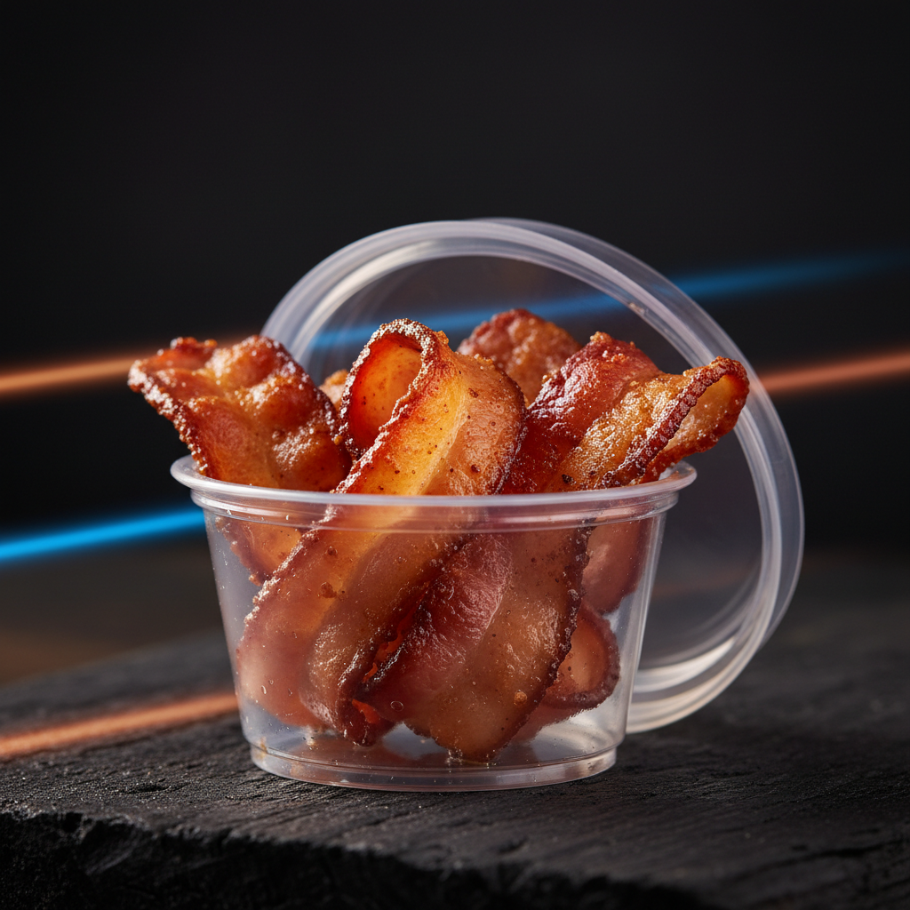 Crispy bacon in a 2oz portion cup