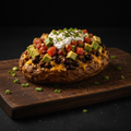 The Classified Taco loaded potato with taco meat, black beans, salsa, avocado and sour cream