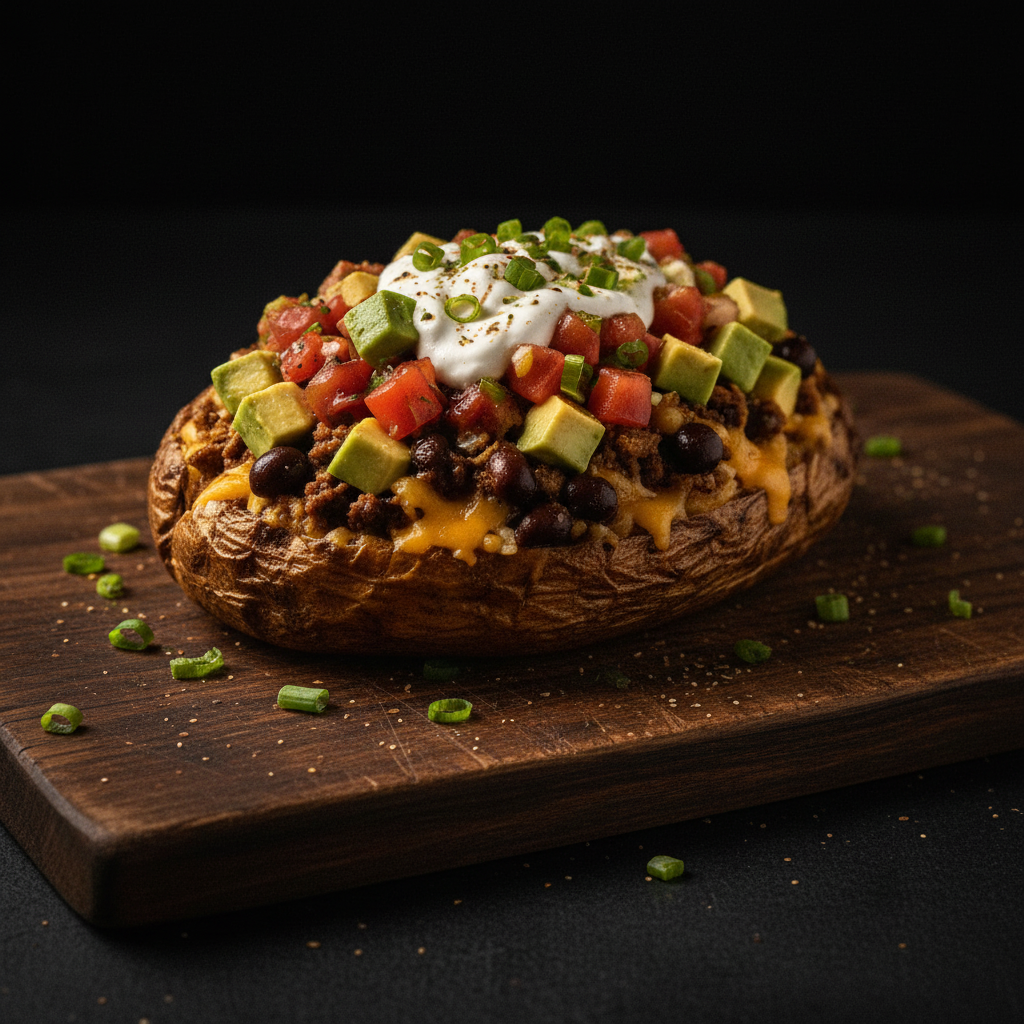 The Classified Taco loaded potato with taco meat, black beans, salsa, avocado and sour cream