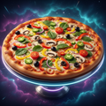Vegetarian Pizza with bell peppers, mushrooms, olives, tomatoes and spinach on a neon galaxy background