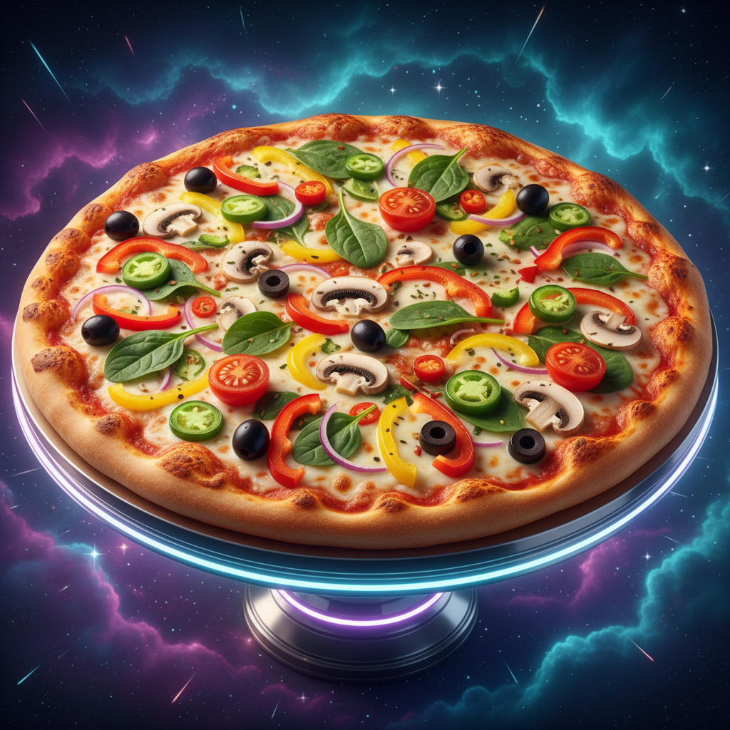 Vegetarian Pizza with bell peppers, mushrooms, olives, tomatoes and spinach on a neon galaxy background