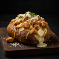 Black Vault Garlic Parmesan loaded potato with garlic parmesan chicken, mozzarella, parmesan, parsley and butter