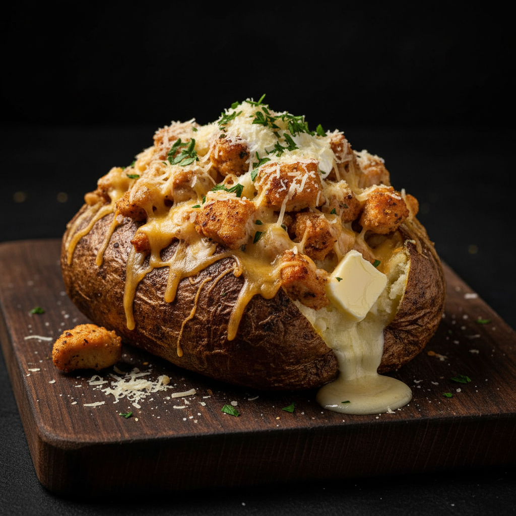Black Vault Garlic Parmesan loaded potato with garlic parmesan chicken, mozzarella, parmesan, parsley and butter