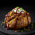 Roswell BBQ Abduction loaded potato with BBQ chicken, cheddar, sour cream, green onions and BBQ sauce