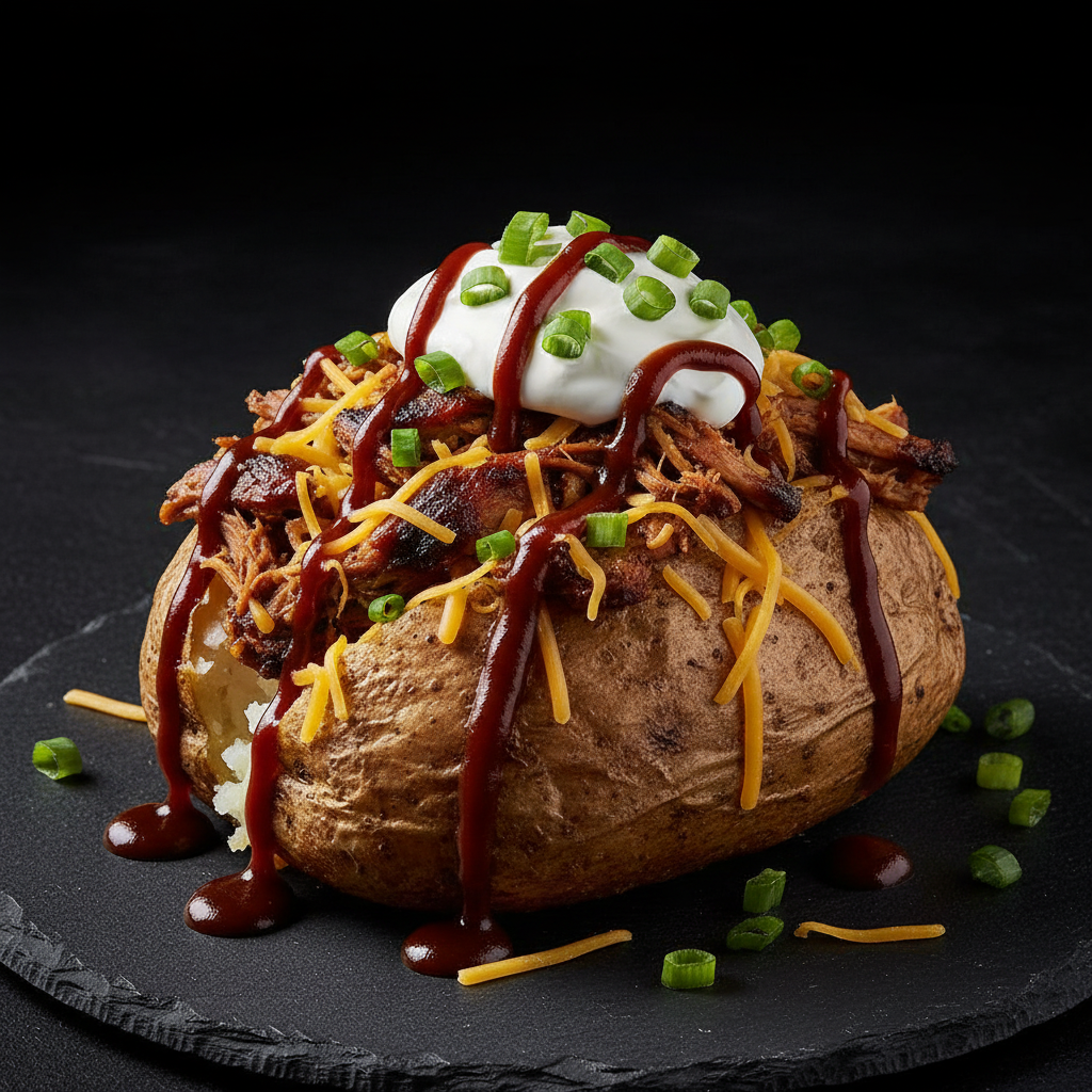 Roswell BBQ Abduction loaded potato with BBQ chicken, cheddar, sour cream, green onions and BBQ sauce