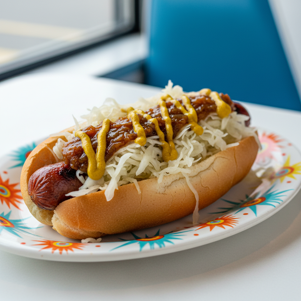 H2. New York Style Dirty Dog on starburst diner plate