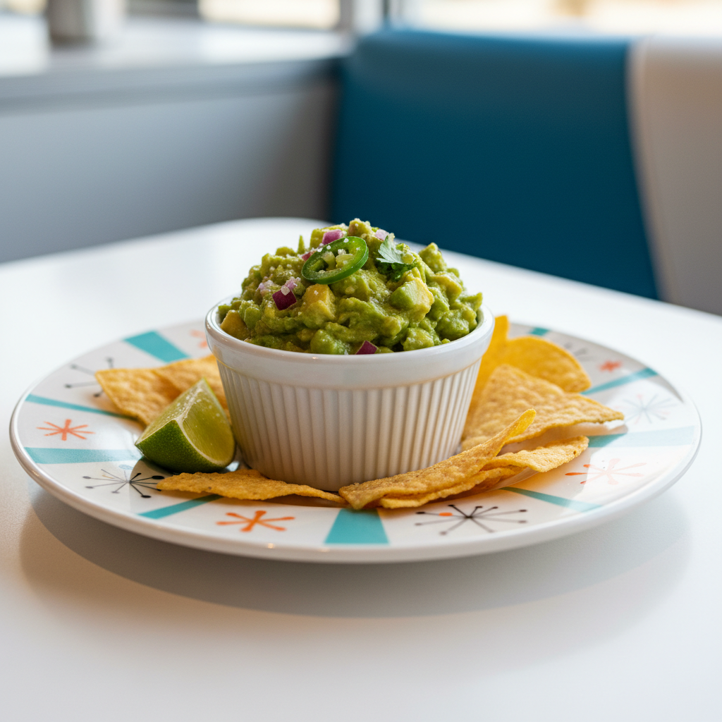 Guacamole in ramekin on starburst diner plate