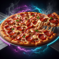 Meat Lover Pizza loaded with pepperoni, sausage, bacon, ham and ground beef on a neon galaxy background